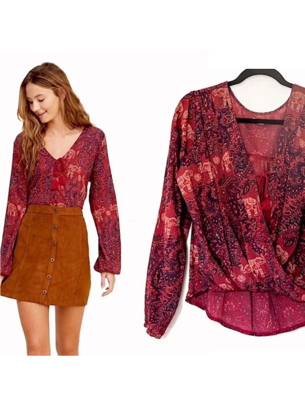 Hollister Boho Red Elephant Boho Print V-Neck Wrap Blouse Tassels Puff sleeves